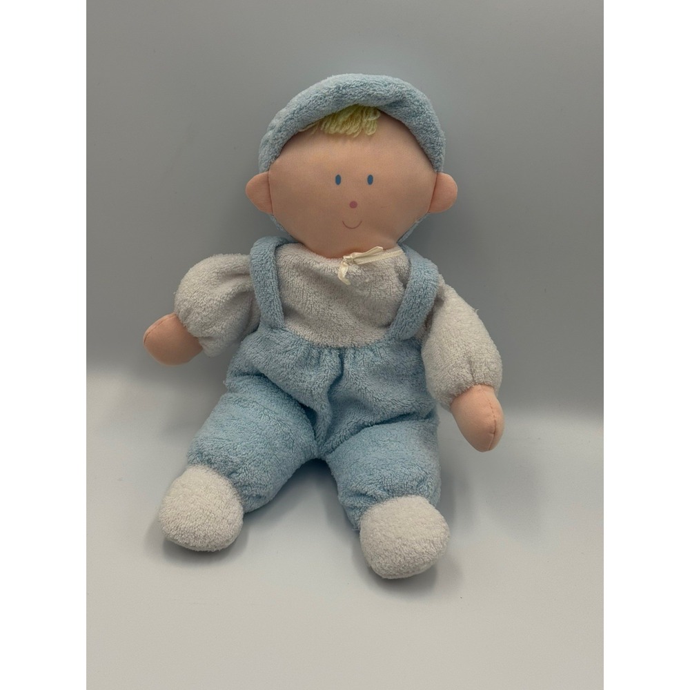 Vintage Eden Toys Baby Boy Doll 11" Blue White Terry Cloth Plush Lovey Yarn Hair